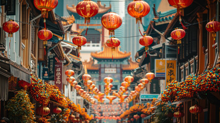 A busy street in a foreign country with many lanterns hanging from the buildings