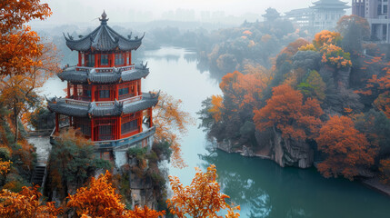 A beautiful river with a red building in the background