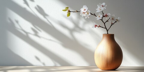 Poster - White Blossoms in a Wooden Vase with Sunlit Shadows