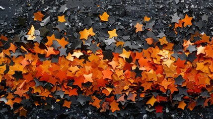 Halloween Background with Orange, Yellow and Black Confetti Scattered on Black Surface