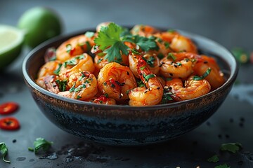 Wall Mural - Sizzling shrimp with fresh herbs and spices served in a rustic bowl with lime