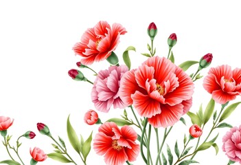 A bouquet of vibrant red carnation flowers with green leaves against a white background