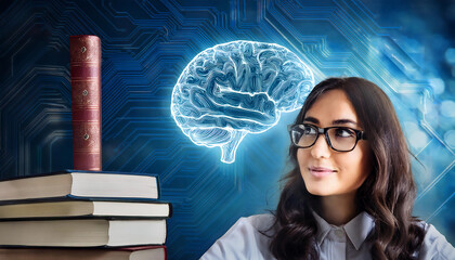 Wall Mural - symbolic image brain books set digital age backdrop representing fusion knowledge technology today world