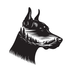 silhouette of Doberman, filled with nature view in rough drawing,