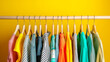 © senerdagasan - Women's summer clothes hanging on the rack isolated on yellow background
