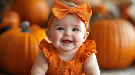 Sticker - A baby in an orange dress smiling at the camera, AI