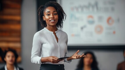 professional African American businesswoman giving presentation explaining