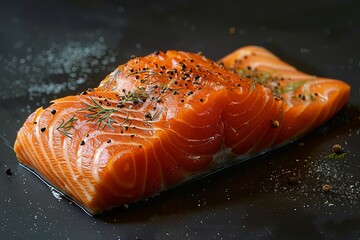 Wall Mural - Fresh salmon fillet garnished with herbs on a black surface