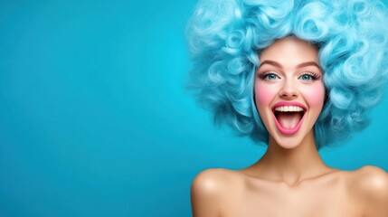 Wall Mural - A woman with blue hair and a big smile, AI