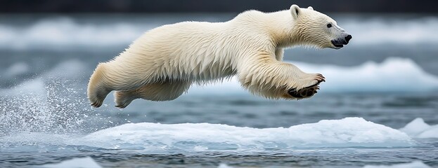 Wall Mural - A polar bear leaps over ice floes in the Arctic.