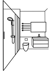 Wall Mural - Line sketch bathroom interior design. Vector outline drawing home washroom