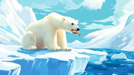 Wall Mural - A polar bear sits on an iceberg, enjoying a freshly caught fish, with the vast arctic landscape behind it.