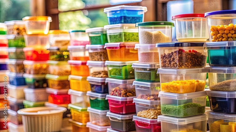 Transparent plastic containers stacked high, filled with colorful goods ...