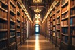 © MUdaylah - Blur background of majestic library corridor with wooden bookshelves and ornate chandeliers, reflecting rich historical and literary tradition. Heritage and preservation. with generative ai