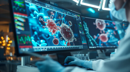 a scientist working on a computer with large screens showing images and data about a crowded balloon-like virus, in the background is an advanced lab where other scientists work