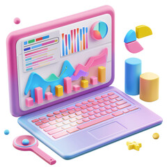 Wall Mural - 3D icon of a colorful laptop with business analysis, white isolated background for clipping
