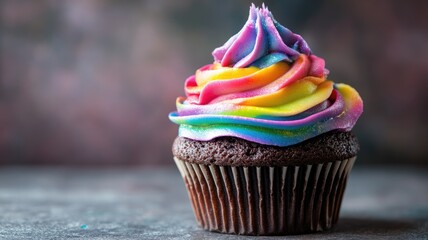 Wall Mural - Chocolate cupcake with vibrant rainbow-colored frosting, creating a festive and joyful appearance.