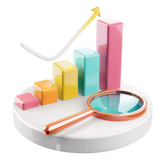 Wall Mural - 3D icon of a colorful bar chart with a magnifying glass, white isolated background for clipping