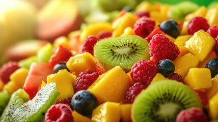 Wall Mural - A colorful and vibrant fruit salad featuring slices of kiwi, mango, raspberries, and blueberries, bursting with freshness.