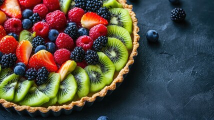 Wall Mural -  Vibrant fruit tart topped with fresh kiwi slices, strawberries, raspberries, blackberries, and blueberries.