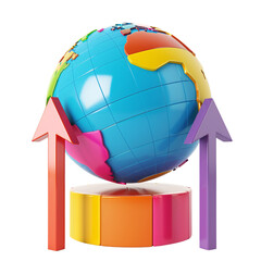 Wall Mural - 3D icon of a colorful globe with upward arrows, white isolated background for clipping