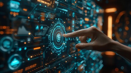 cybersecurity, A man pressing digital multimedia display on computer