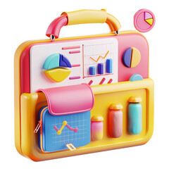 Wall Mural - 3D icon of a colorful briefcase with documents and charts, white isolated background for clipping