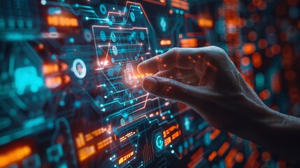 cybersecurity, A man pressing digital multimedia display on computer