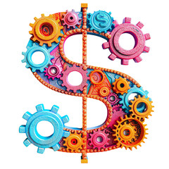 Wall Mural - 3D icon of a colorful dollar sign with gears, white isolated background for clipping