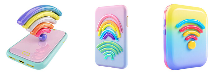 Wall Mural - 3D icon of a colorful smartphone with a wifi signal, white isolated background for clipping