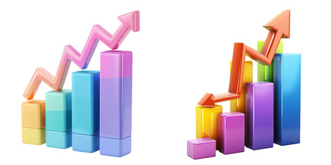 Wall Mural - 3D icon of a colorful bar chart with upward arrows, white isolated background for clipping