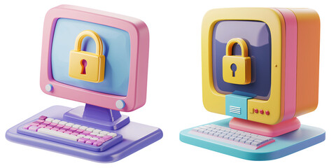Wall Mural - 3D icon of a colorful desktop computer with a lock symbol for cybersecurity, white isolated background for clipping