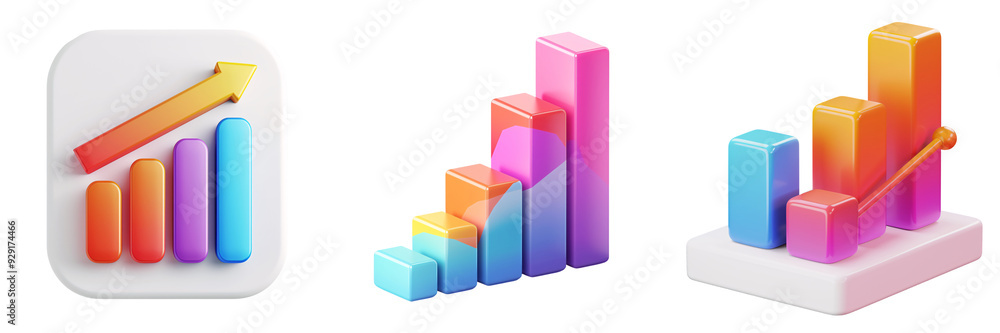 3D icon of a colorful bar chart with upward trends, white isolated ...
