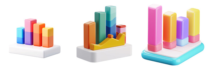 Wall Mural - 3D icon of a colorful bar chart with financial data, white isolated background for clipping