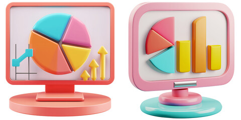 Wall Mural - 3D icon of a colorful desktop monitor with a pie chart, white isolated background for clipping
