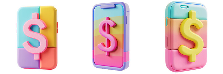 Wall Mural - 3D icon of a colorful smartphone with a dollar sign, white isolated background for clipping