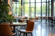 © MUdaylah - Blur background of modern cafeteria with industrial design, round tables, and large windows. Restaurant with bar and table. with generative ai