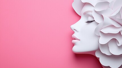 Abstract paper cut-out side view portrait of a woman's face on a pink background with blank copy space for text. 8 March background concept.