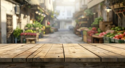 Empty Wooden Table in a Blurred  Outdoor Market