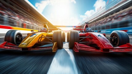 Two high-speed race cars in a close competition on a sunny day at the racetrack, capturing the essence of speed and adrenaline.