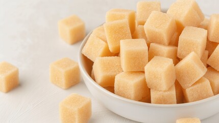 Pile of brown sugar cubes in a bowl on white table background.