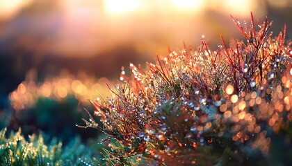 A macro shot of a dew-covered bush in the early morning, highlighting the intricate details of nature; artistic image with natural light.