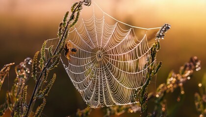 A macro shot of a dew-covered spider web in the early morning with small spider climbing on, highlighting the intricate details of nature.