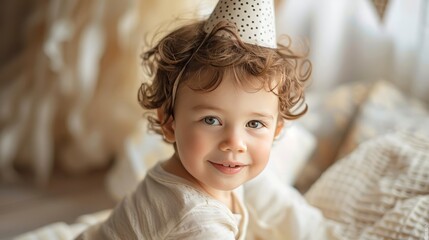 A little boy with party hat portrait, happy birthday photo