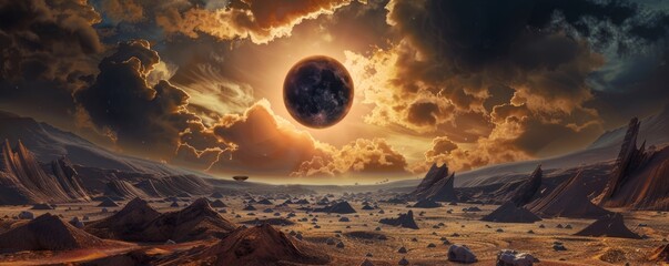 Wall Mural - Solar eclipse viewed from an alien landscape, 4K hyperrealistic photo