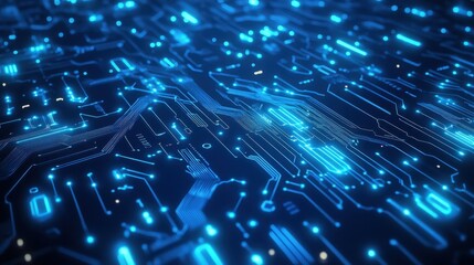 A digital circuit board with glowing blue lines and nodes, representing technology and data flow.