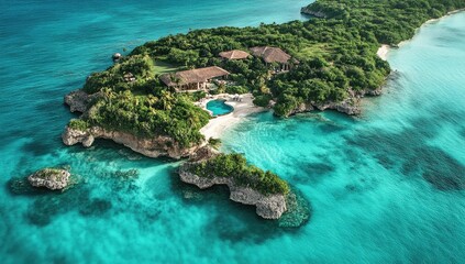 Wall Mural - Tropical island with house, beach, and clear water.