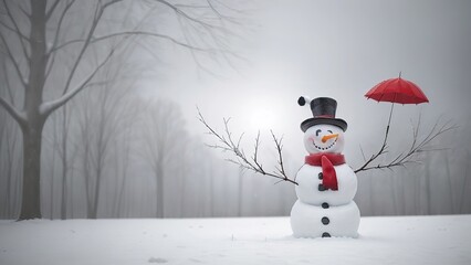 two snowmen are holding umbrellas in a field full of snow and trees with the sun behind them