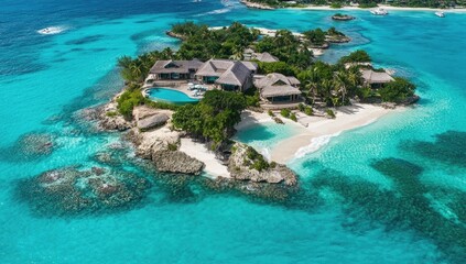 Wall Mural - Private island with beach, house and pool.