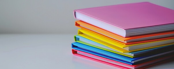 Stack of colorful notebooks with highlighters on white background, 4K hyperrealistic photo